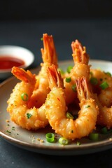 Tempura shrimp with dipping sauce and scallions on a plate, dish, flavorful