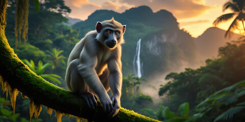 Obraz premium Langur on its habitat, Papua Forest, extinct animal sunset, tropical forest, river, created by generative ai