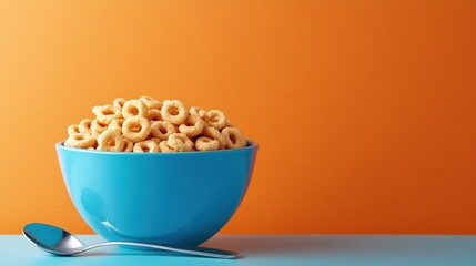 Cereal rings in blue bowl on colorful background.