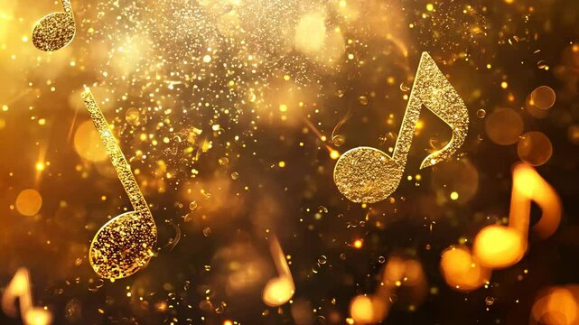 Golden Music Notes Flowing, Flying on Golden Bokeh Background