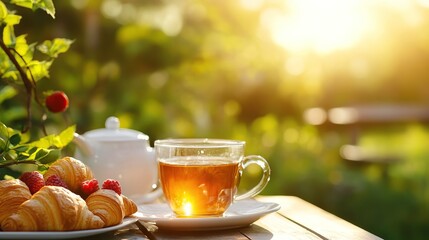 Sunny Garden Tea Break Croissants, Raspberries, Sunset