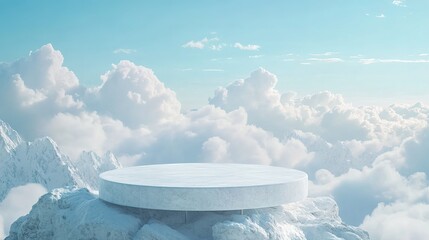 Real cloud podium outdoor table on pastel blue sky with empty space. The product placement mat brings a minimal look, dreamy winter paradise concept. between snow-capped mountains