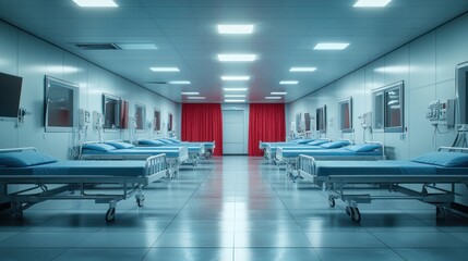 Fototapeta premium Hospital ward interior with clean and minimal design, rows of neatly arranged beds