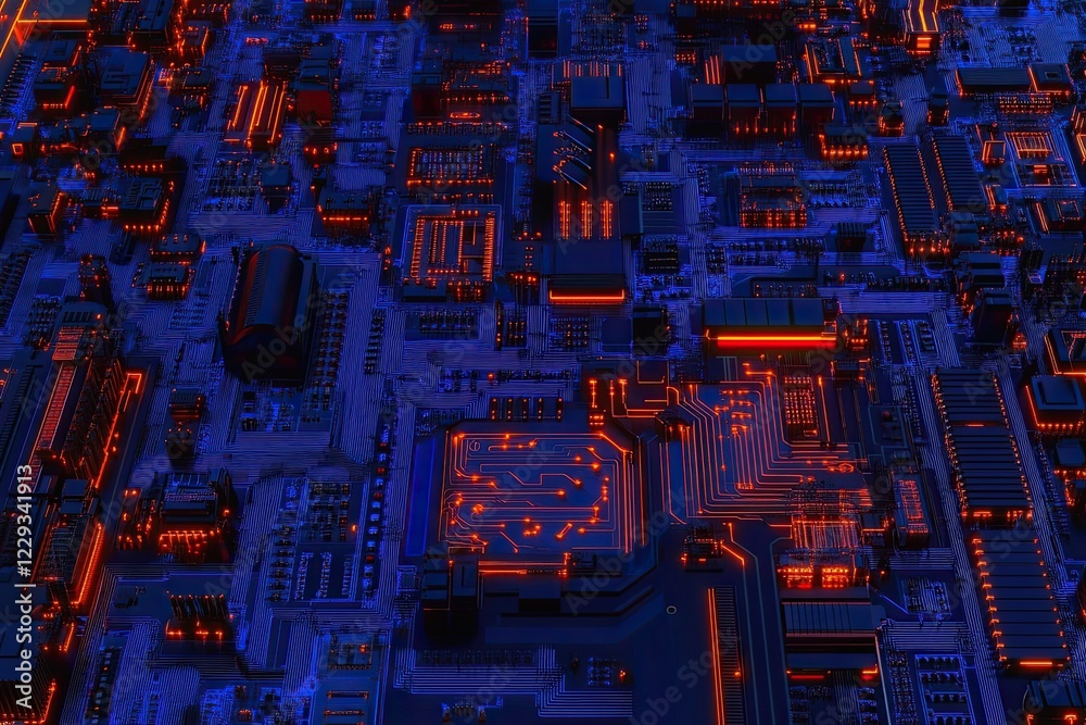 Poster close-up of a memory-storing processor or graphics card, hardware with neon led lights