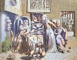Naklejka premium The nuns' piety is gluttony and lust. Satirical copperplate engraving of convent life in the 17th century, digitally restored reproduction of an original from the 19th century, exact original date unknown