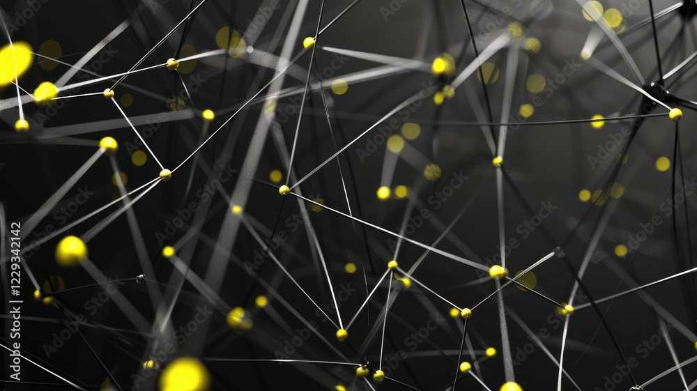 Poster an abstract depiction of a network structure featuring interconnected lines and yellow nodes. this i