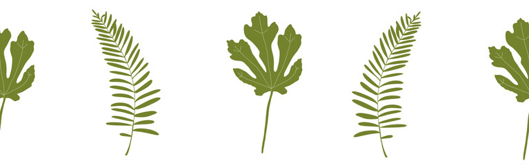 Green leaves border on a white background. Hand-drawn illustration. Perfect for spring and summer.