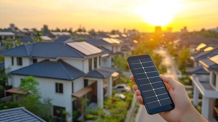 Smart building city view, holding smart phone for classic and modern family house housing with rooftop solar panels. Real estate house property. Suburban urban village style 