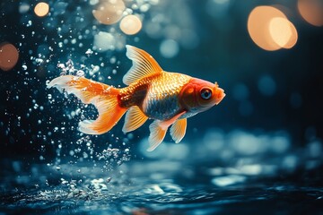 Goldfish leaps through the water in a vibrant aquarium, catching light in an enchanting underwater moment
