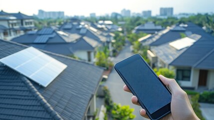 Smart building city view, holding smart phone for classic and modern family house housing with rooftop solar panels. Real estate house property. Suburban urban village style 