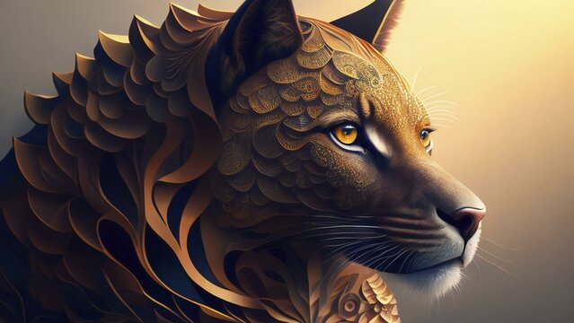 3d illustration of a lioness with golden skin. Fantasy animal, AI generated