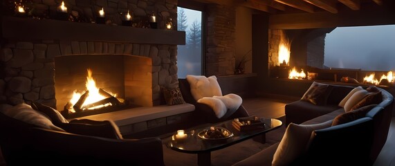 A gorgeous fireside setting adorned with plush pillows inviting you to cozy up and feel the warmth