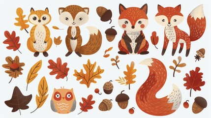 Naklejka premium Whimsical illustration of cute foxes surrounded by acorns and autumn leaves in vibrant fall colors, AI generated