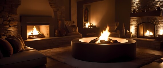 A gorgeous fireside setting adorned with plush pillows inviting you to cozy up and feel the warmth