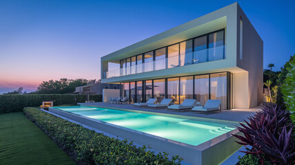 Obraz premium Luxury Modern Villa with Infinity Pool and Illuminated Poolside at Sunset