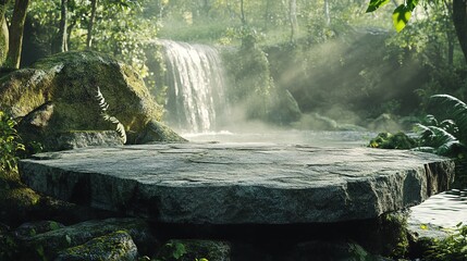 Stone podium in forest Waterfall and river flow in background, natural display stage for product advertising