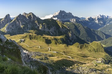 View from the mountain to the Giau Pass with road, 2236 m, valley of Livinallongo, Monte Civetta...
