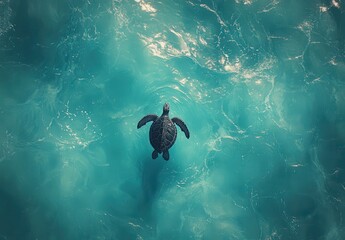 Obraz premium A Majestic Sea Turtle Gliding Through Crystal Clear Turquoise Waters in an Underwater Paradise Captured from Above, Showcasing Nature's Beauty