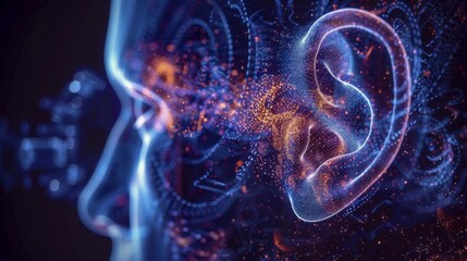 A digital representation of a human head with intricate blue and orange cybernetic details, highlighting the ear and neural network, AI generated