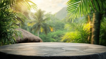 Stone table podium floor outdoor tropical garden jungle blur green leaf plant nature background. View of natural product placement pedestal stand, colorful hut with mountain hut background
