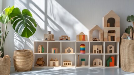 scandinavian playroom organization, white shelving system, statement monstera plant, curated wooden toy display, multicolored storage boxes, montessori inspired wooden toys, rainbow educational
