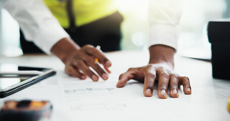 Architecture, meeting or hands of person with blueprint for urban planning, design or building...