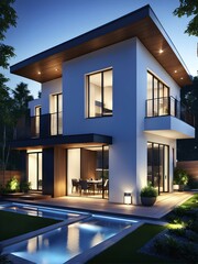 Fototapeta premium Three dimensional rendering of an illuminated modern ecological real estate residential house, AI generated