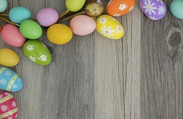 Easter eggs, multicolored, on wooden ground