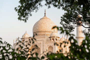Fototapeta premium Taj Mahal Bei Sonnenaufgang in weichem, rosanen Licht 
