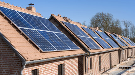 Fototapeta premium Row of modern homes with integrated in-roof solar panels