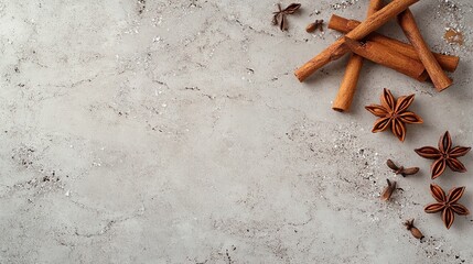Cinnamon sticks and star anise on a grey stone surface, top view, with copy space. picture
