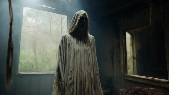A ghostly figure draped in tattered white cloth stands in an abandoned house, illuminated by eerie light, evoking a supernatural, chilling, and haunted atmosphere of paranormal horror.

