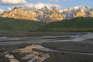 River coming from Köl-Suu mountain range at sunset, Kurumduk valley, Naryn province, Kyrgyzstan,...