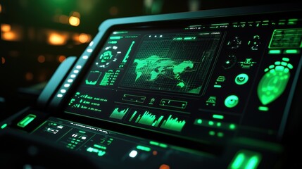 The dashboard displays a virtual reality technology screen. Futuristic green user interface Space background with light effects