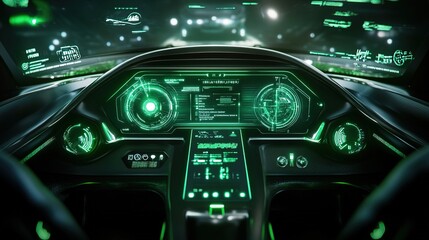 The dashboard displays a virtual reality technology screen. Futuristic green user interface Space background with light effects