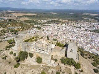 Fototapeta premium Drone image of Castle of Almodovar del Rio, Cordoba, Andalusia, Spain, Europe