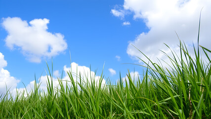 Fototapeta premium Green grass and blue sky with white clouds