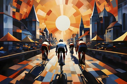 Abstract cyclists in paris olympic games blurring across a canvas infused with geometric patterns, AI generated