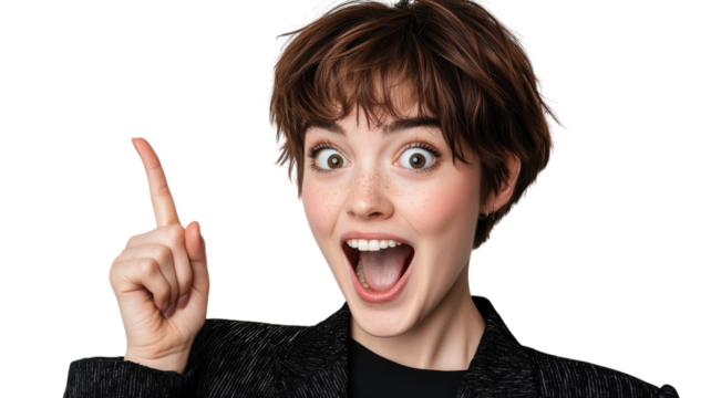 Young woman with short hair excitedly pointing upwards in a bright and cheerful expression