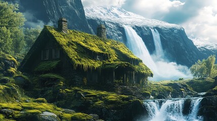 The panorama of the highest waterfall gives a sense of power, traditional old settlement. House with moss on the roof