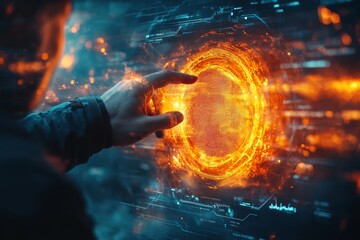 Digital fingerprint recognition process in a futuristic environment with glowing elements and data interfaces