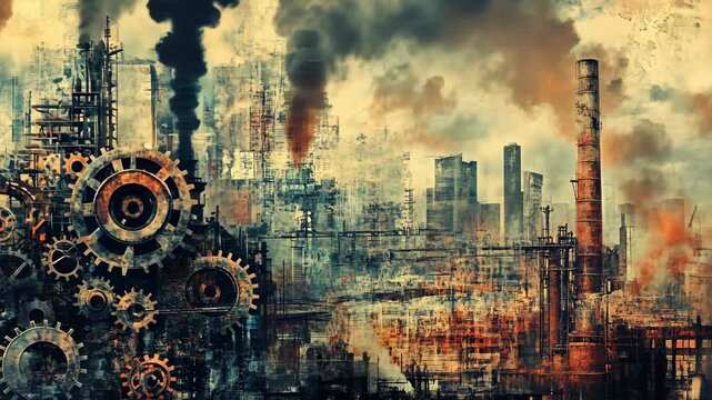 Industrial Revolution Artwork Gears Factory Cityscape Pollution Steampunk Vintage Texture