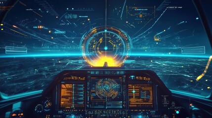 Turbine aircraft head up view set with futuristic user interface. with infographics and data.Abstract blue and yellow effect 
