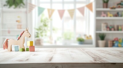 weathered wood table presentation, blurred children room backdrop, white wall mounted shelves, multicolored educational toys, traditional wooden horse toy, vibrant pencil block decoration, colorful