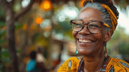 Senior African American woman with a colorful headwrap and beaded jewelry smiles warmly, embracing confidence and tradition. Her joyful energy reflects beauty, empowerment, and positivity