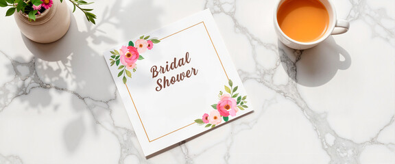 Elegant bridal shower invitation on marble with tea and flowers, celebration
