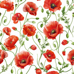 Elegant flowers pattern with detailed red poppies on white background