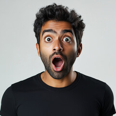 Frontal portrait of an attractive young Indian man with a surprised expression and an open mouth.