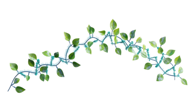 Decorative green vine arrangement on a white background showcasing vibrant leaves intertwined with blue material