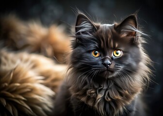 A miniature black longhair kitten, adorable close-up, with a tilt-shift blurred fur background.